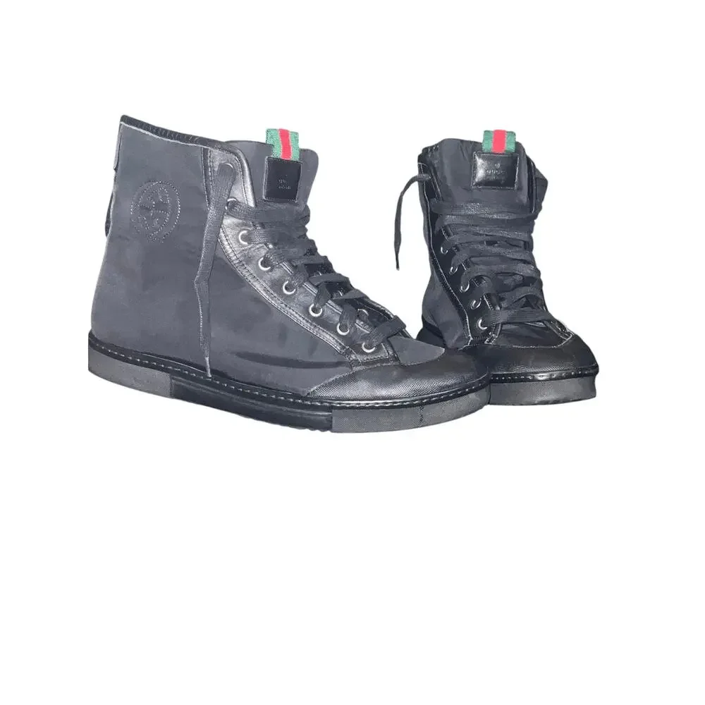Gucci Men's High Top Sneakers Black Nylon Leather Size 11 US (10G) COA Auth
